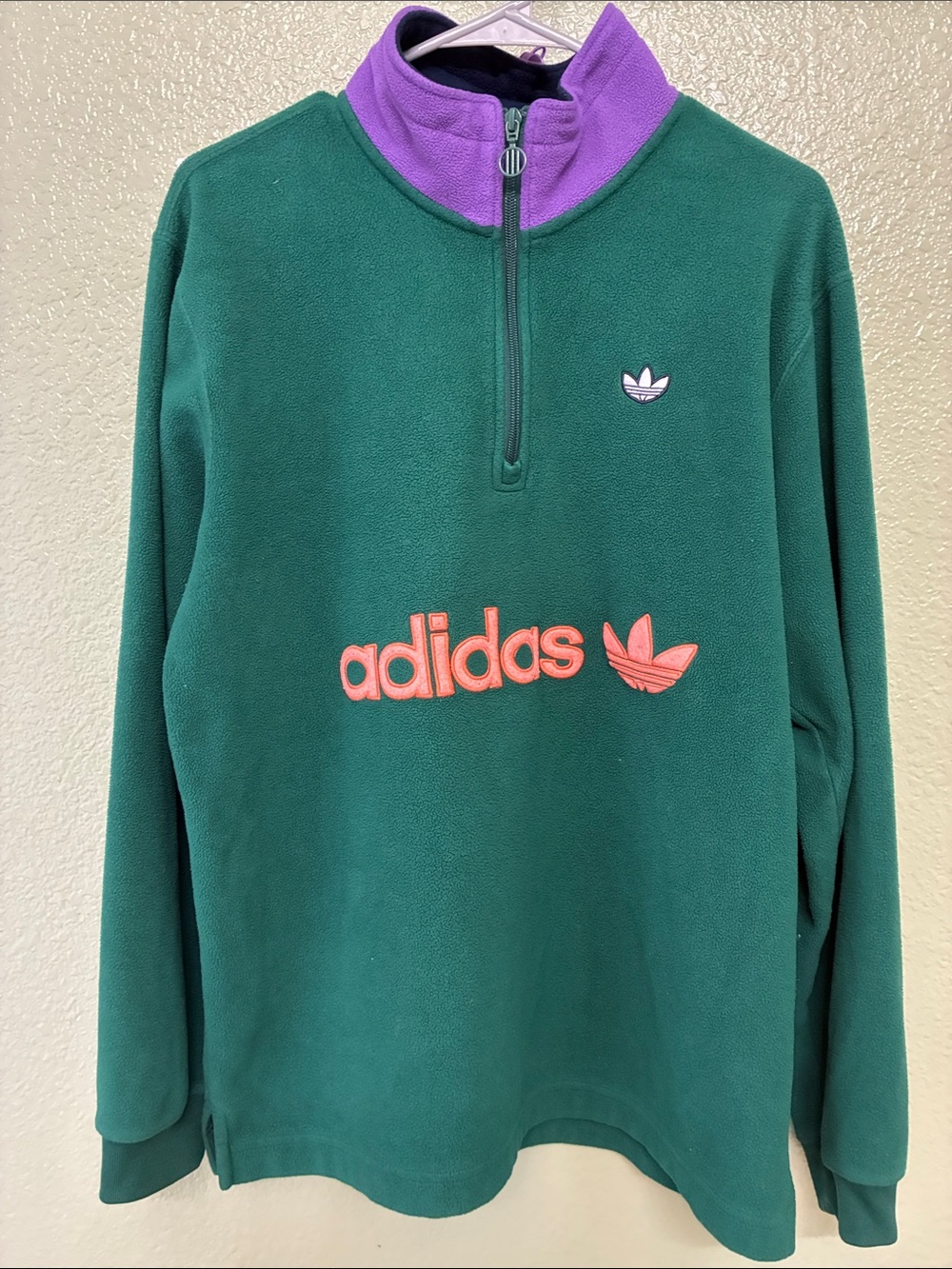 adidas Green Fleece Zip-Up Pullover with Purple Collar